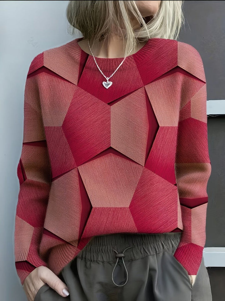 Women's Long Sleeve Geometric Print Knit Sweater - Red