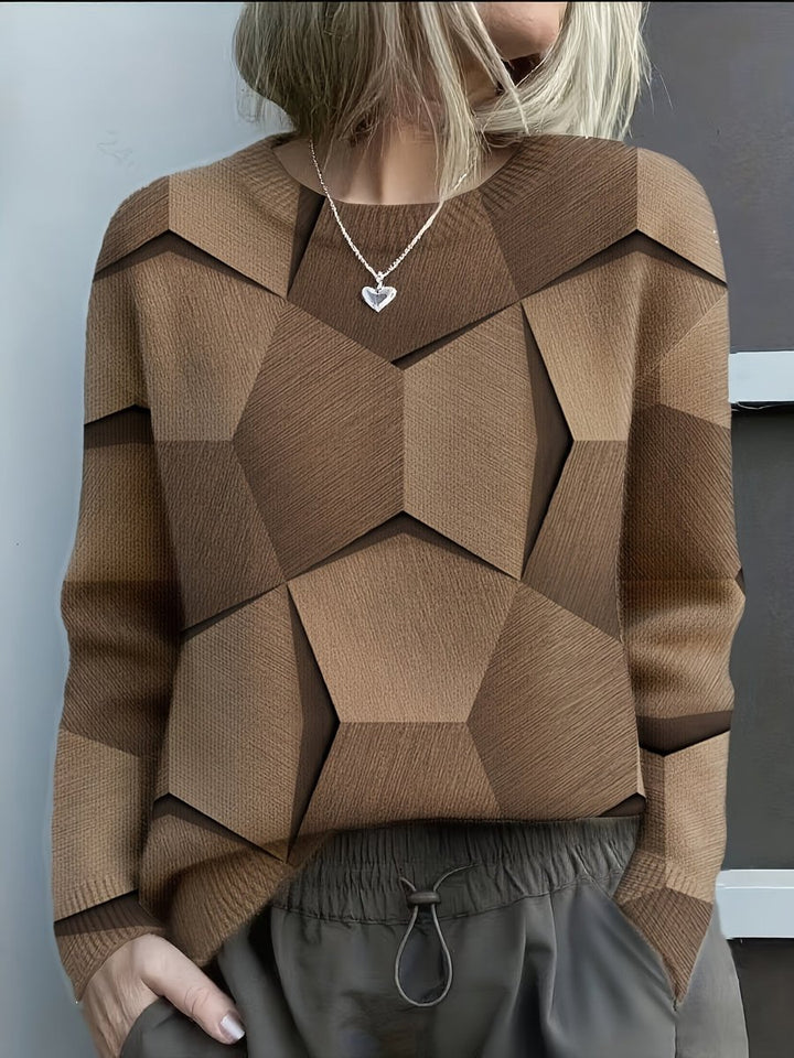 Women's Long Sleeve Geometric Print Knit Sweater - Brown