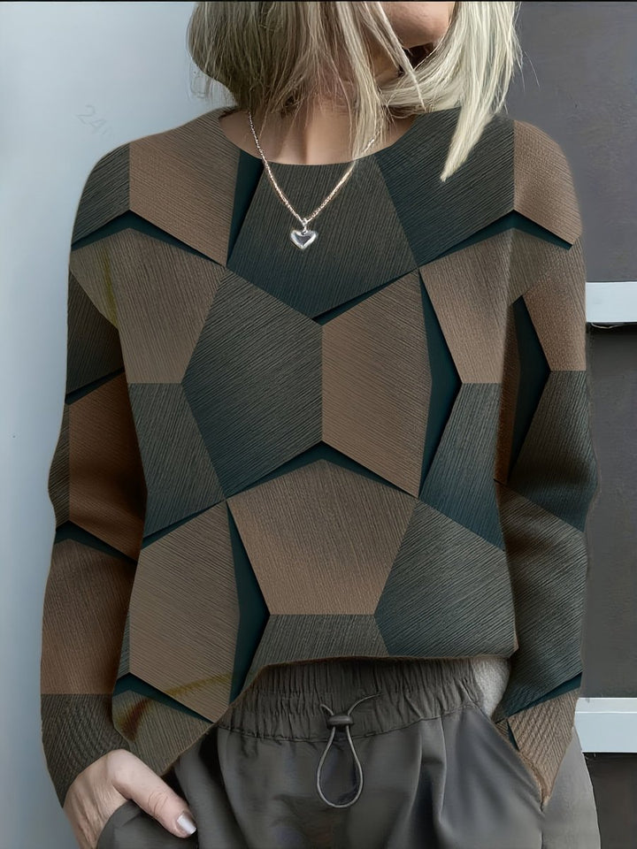 Women's Long Sleeve Geometric Print Knit Sweater - Black