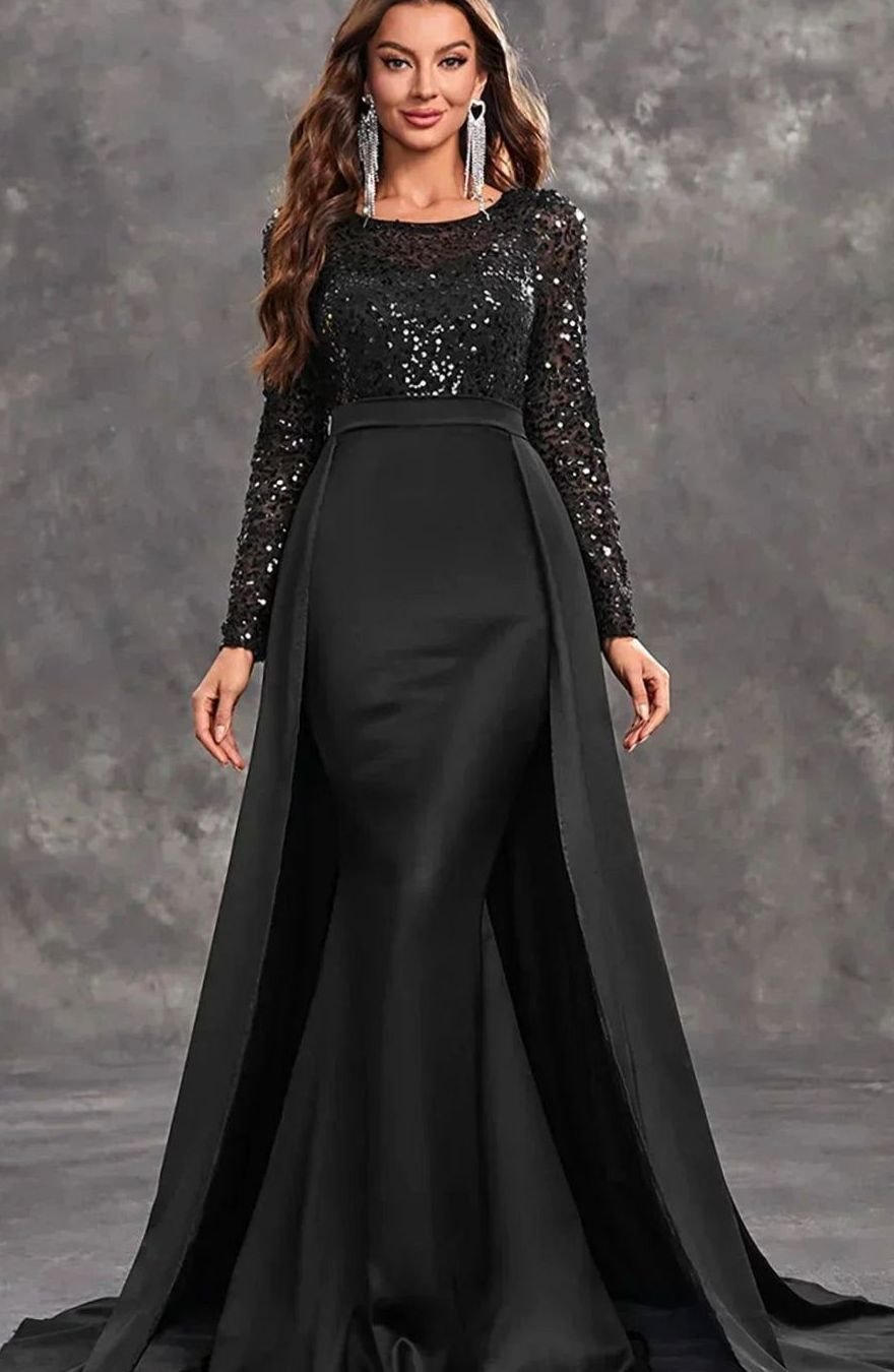 Women's Long-Sleeve Sequin Dress Mermaid Formal Maxi Gown - Black