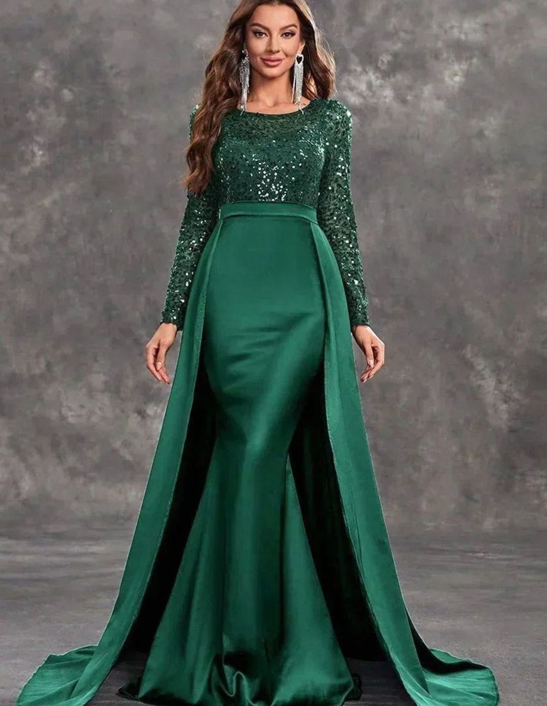 Women's Long-Sleeve Sequin Dress Mermaid Formal Maxi Gown - Green
