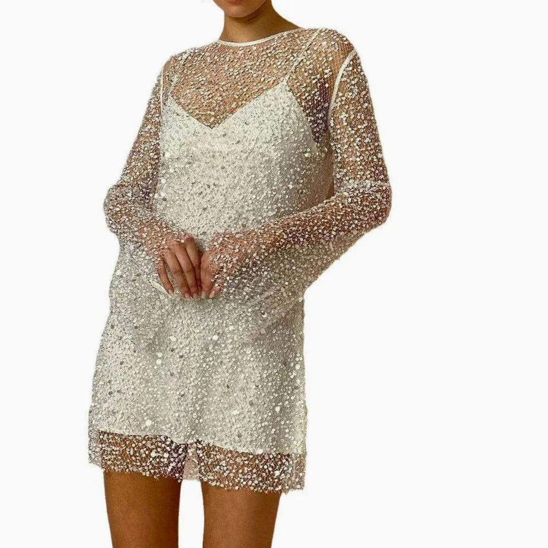 Women's Long-Sleeve Sequin Mini Dress Sparkly Evening Bodycon - White