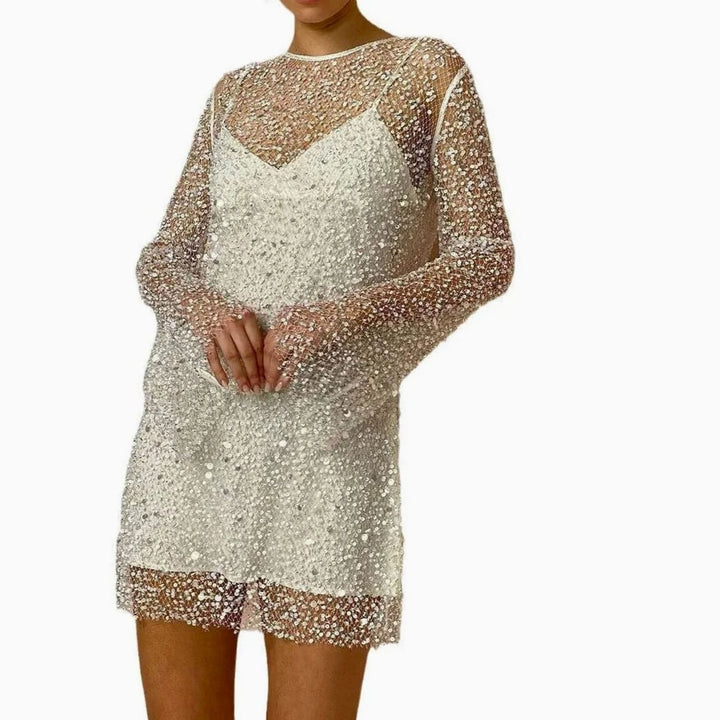 Women's Long-Sleeve Sequin Mini Dress Sparkly Evening Bodycon - White