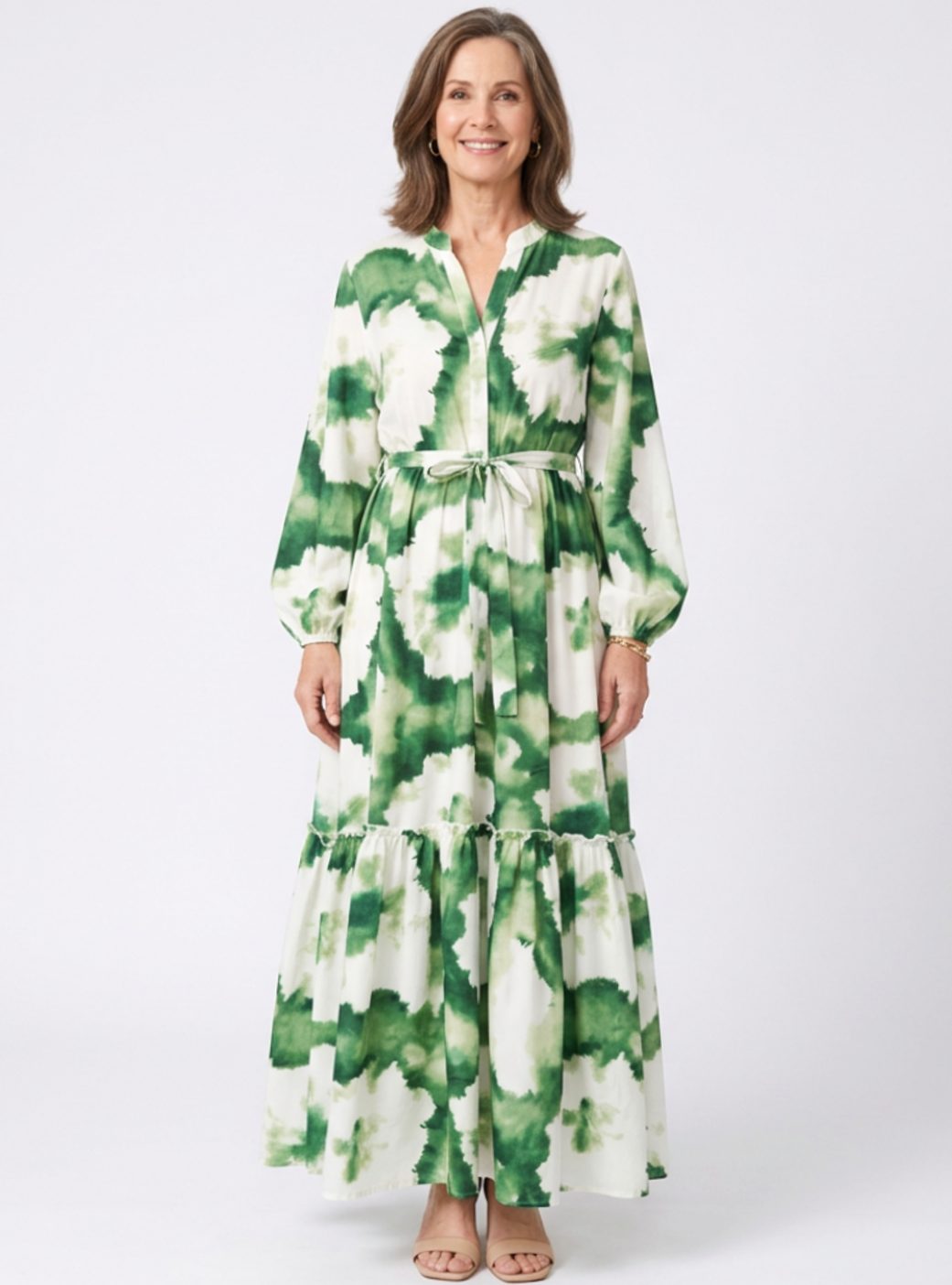 Women's Long Sleeve Tie-Waist Tiered Maxi Spring Dress - Floral