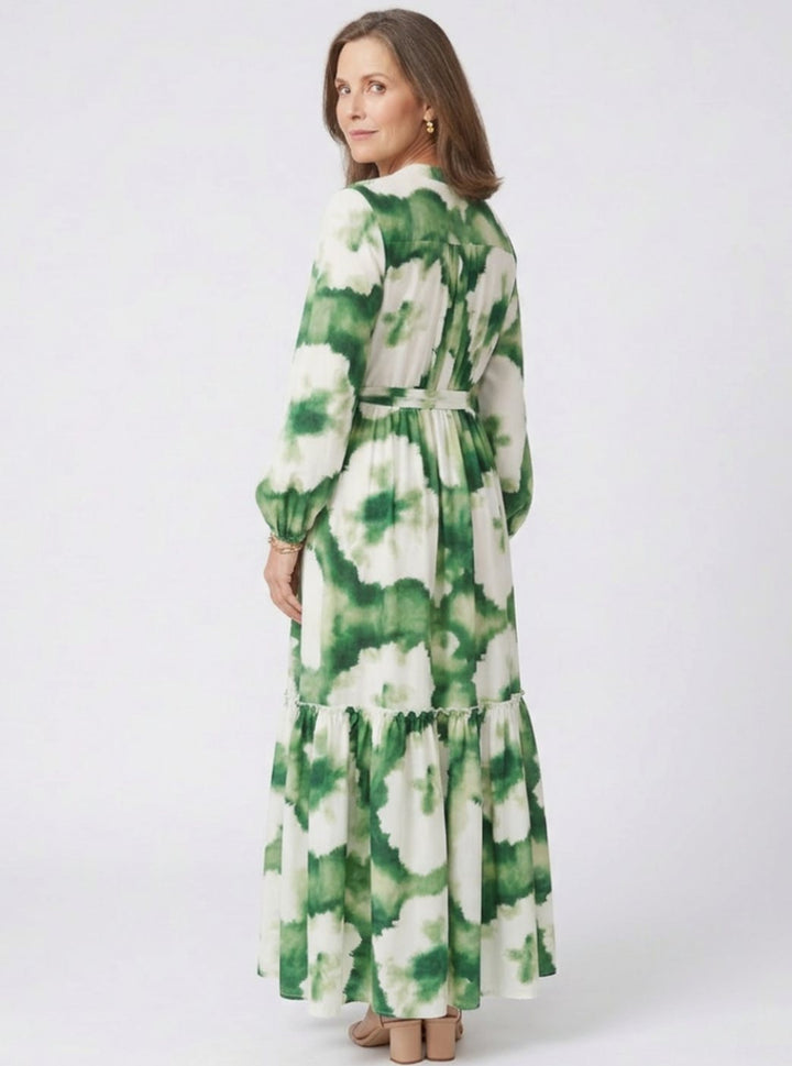 Women's Long Sleeve Tie-Waist Tiered Maxi Spring Dress