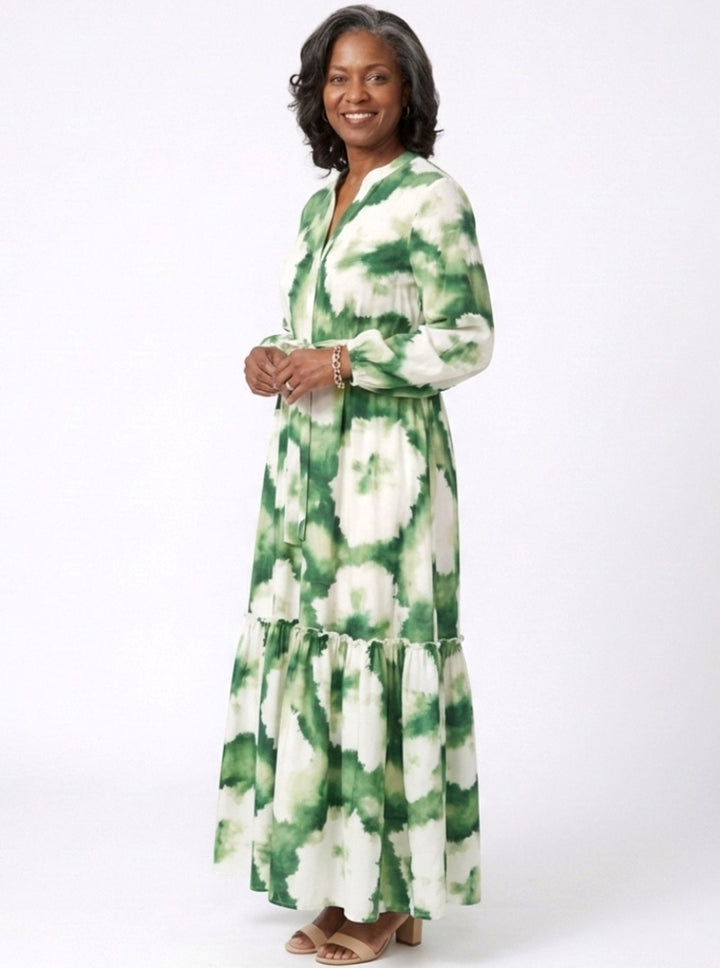 Women's Long Sleeve Tie-Waist Tiered Maxi Spring Dress