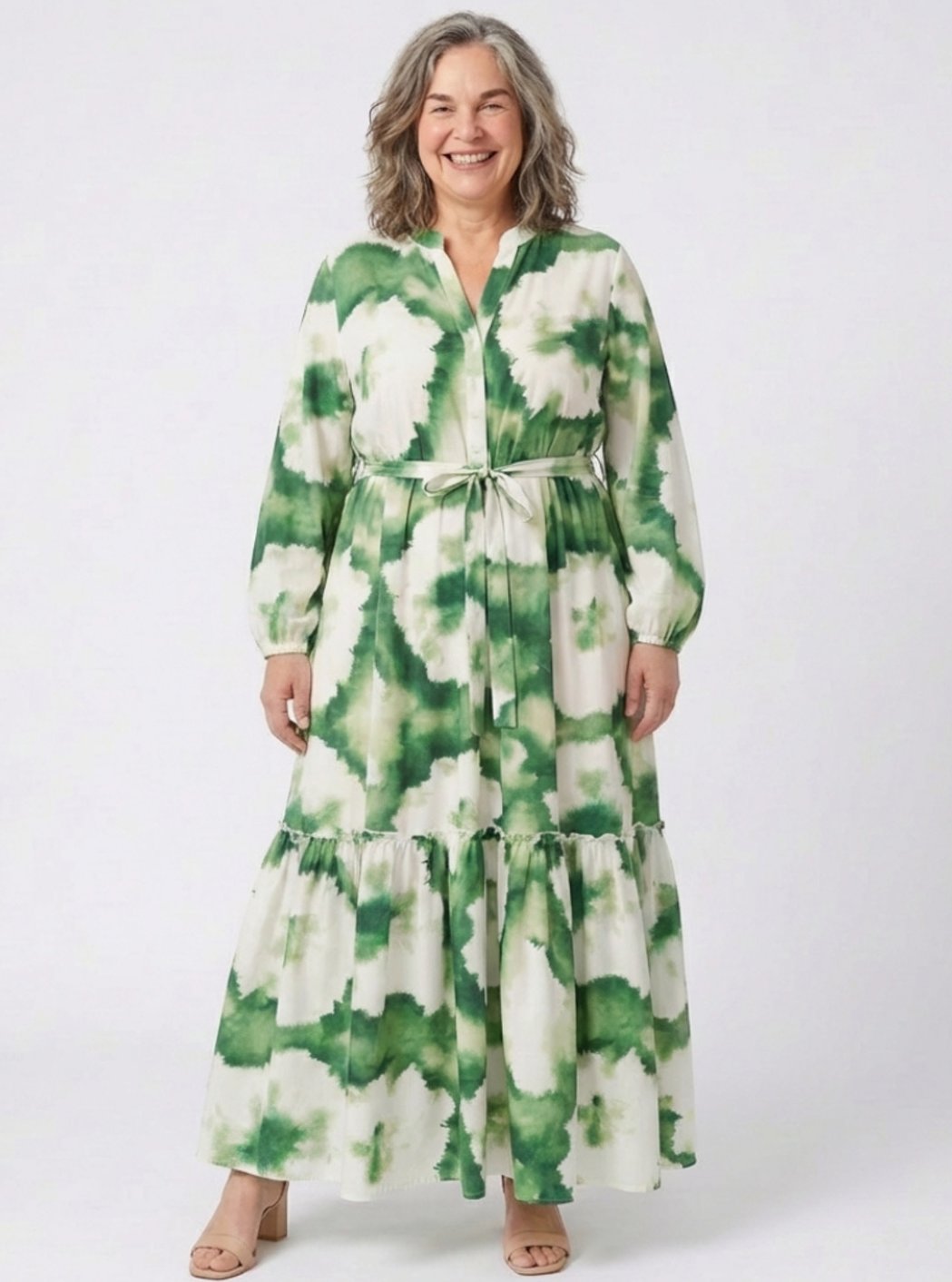 Women's Long Sleeve Tie-Waist Tiered Maxi Spring Dress