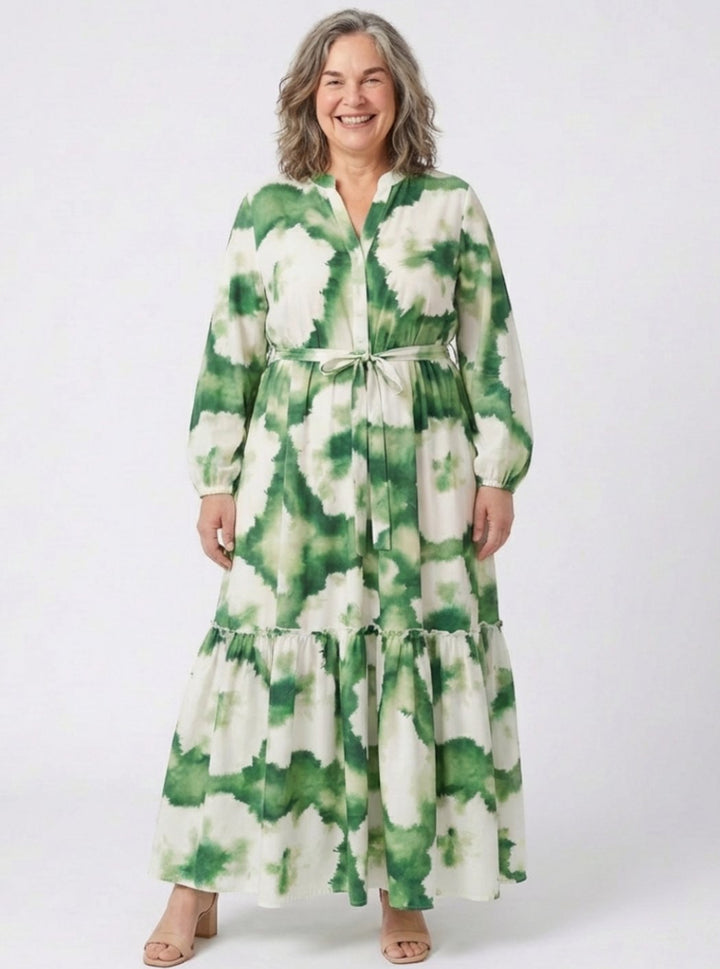 Women's Long Sleeve Tie-Waist Tiered Maxi Spring Dress