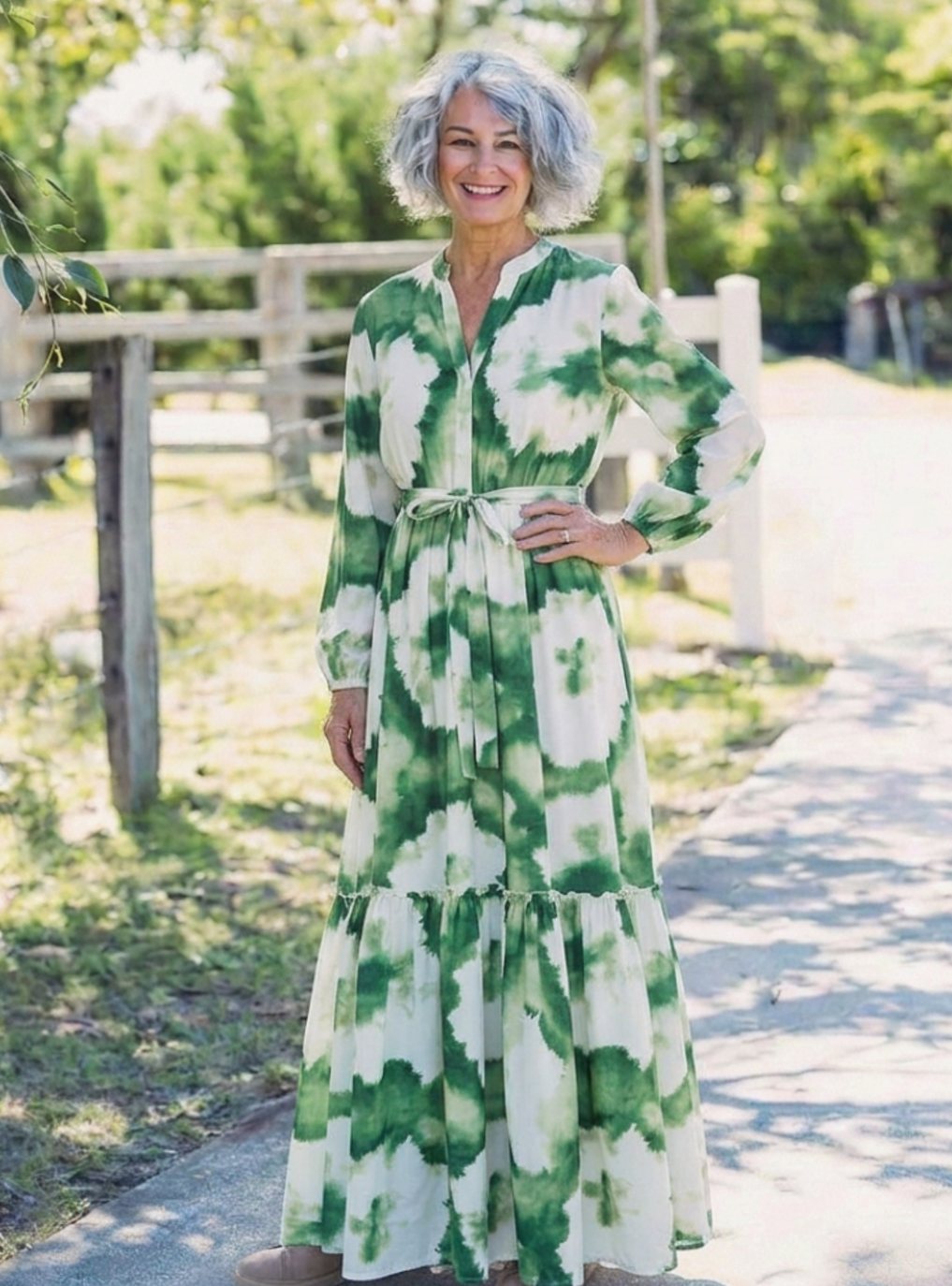 Women's Long Sleeve Tie-Waist Tiered Maxi Spring Dress