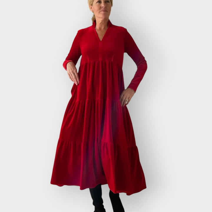 Women's Long-Sleeve Tiered Velvet Formal Dress - Red