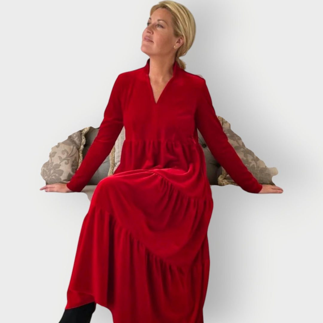 Women's Long-Sleeve Tiered Velvet Formal Dress