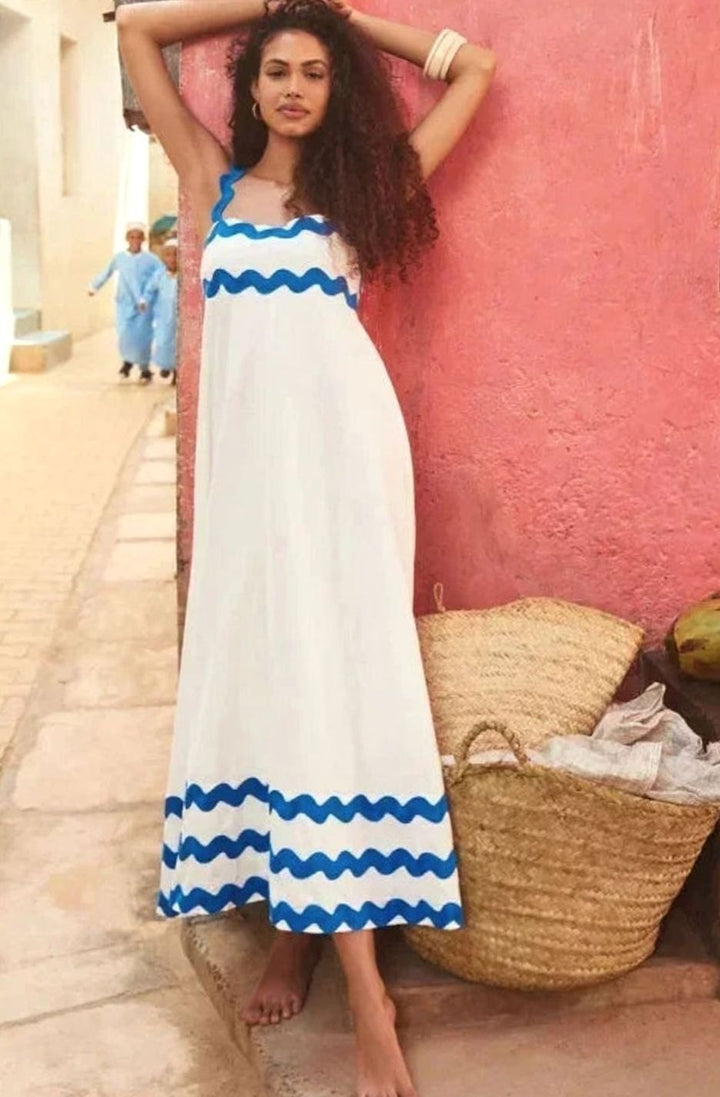 Women's Long Sleeveless Maxi Sundress Scalloped Wavy Hem - Off White