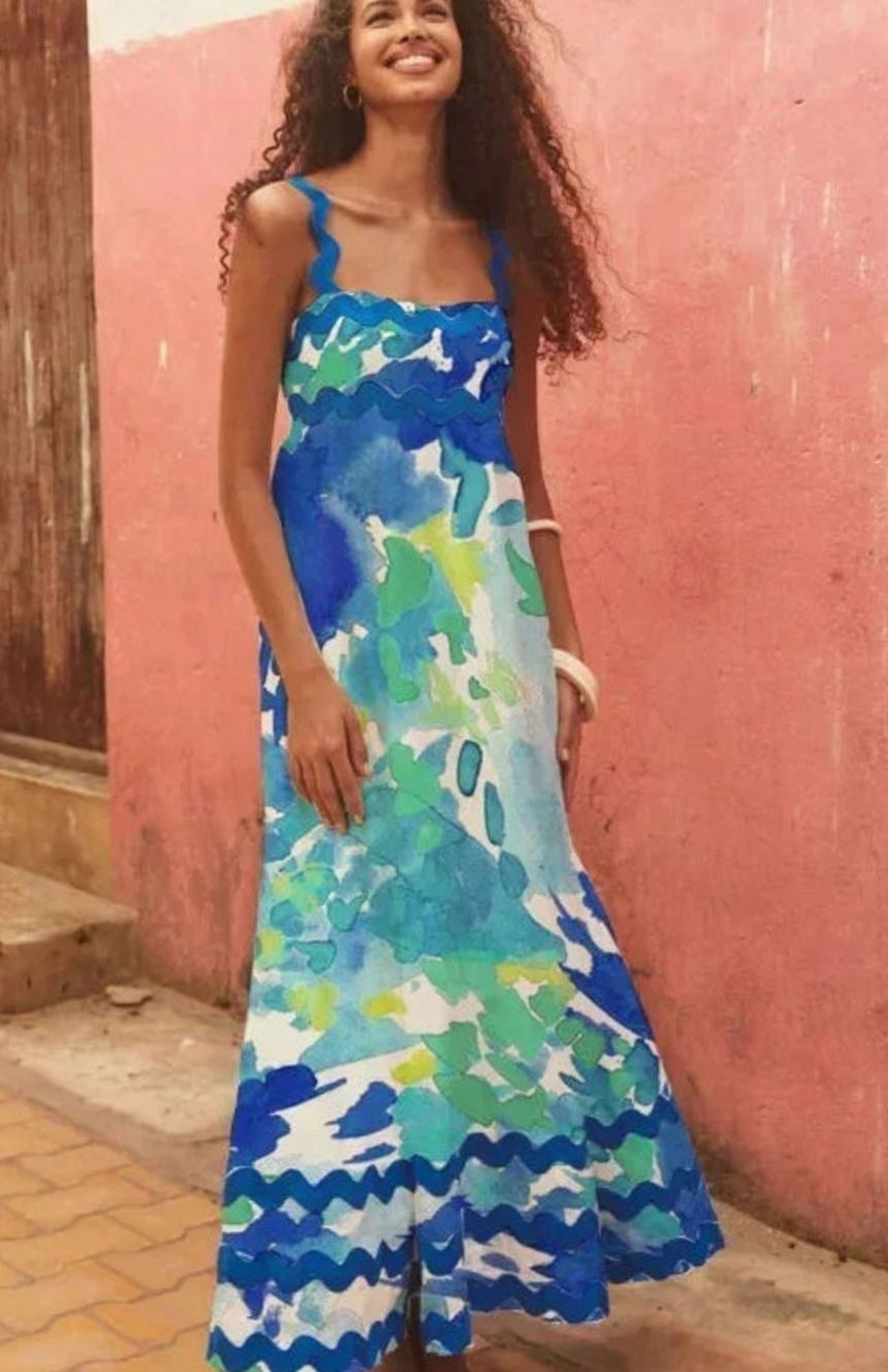 Women's Long Sleeveless Maxi Sundress Scalloped Wavy Hem - Green Blue