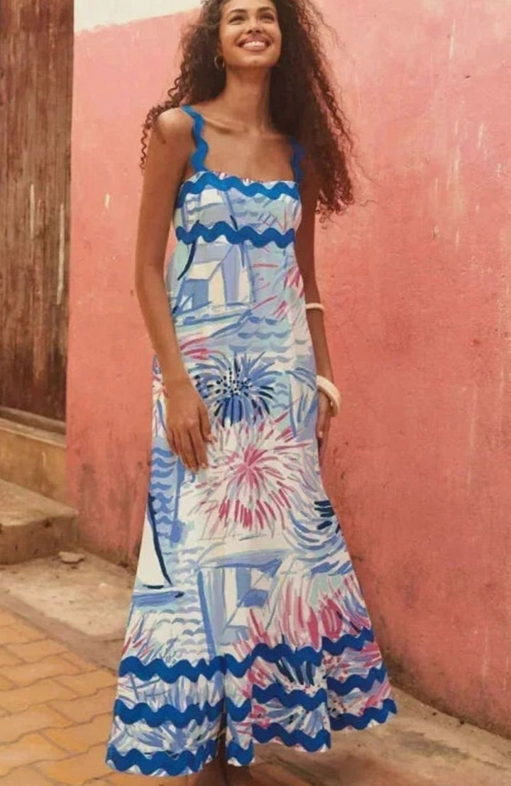 Women's Long Sleeveless Maxi Sundress Scalloped Wavy Hem - Sky Blue