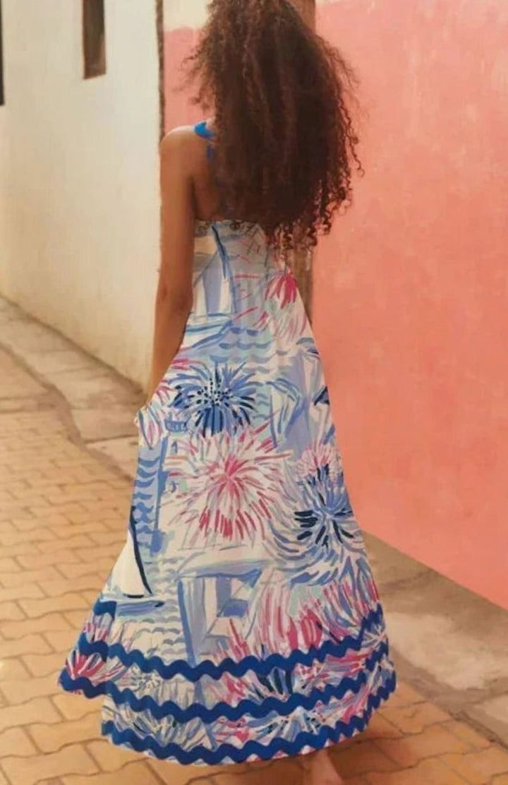 Women's Long Sleeveless Maxi Sundress Scalloped Wavy Hem