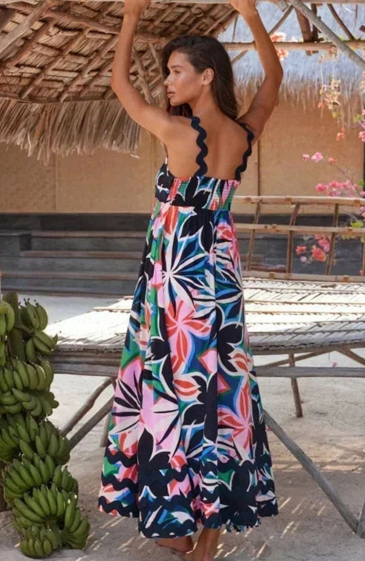 Women's Long Sleeveless Maxi Sundress Scalloped Wavy Hem