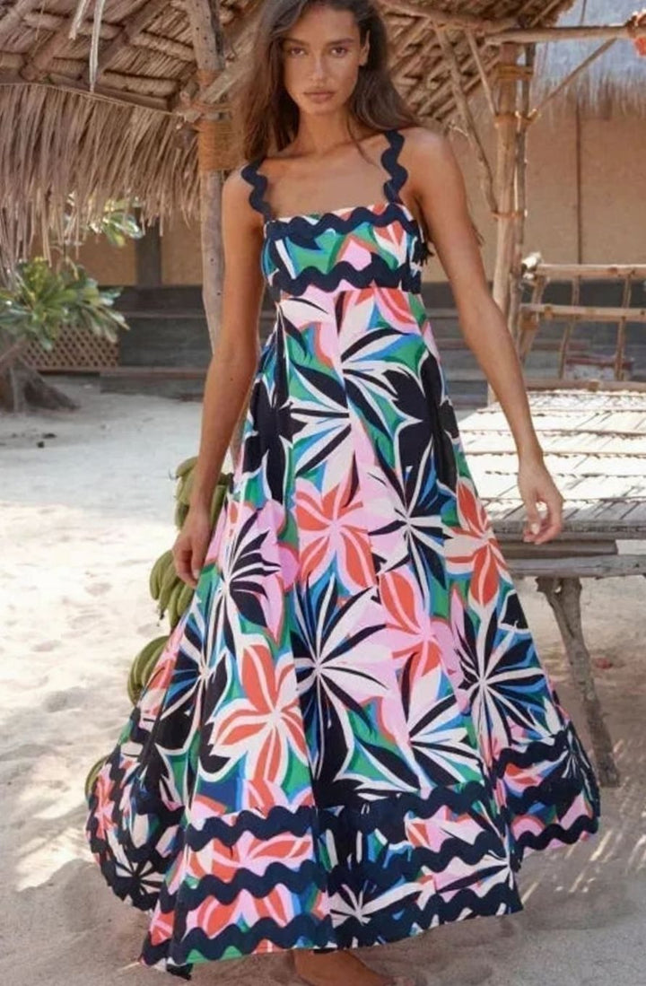 Women's Long Sleeveless Maxi Sundress Scalloped Wavy Hem - Dark Blue