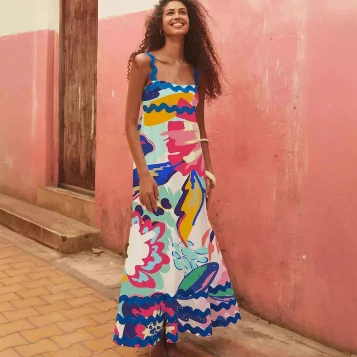 Women's Long Sleeveless Maxi Sundress Scalloped Wavy Hem - Light Blue