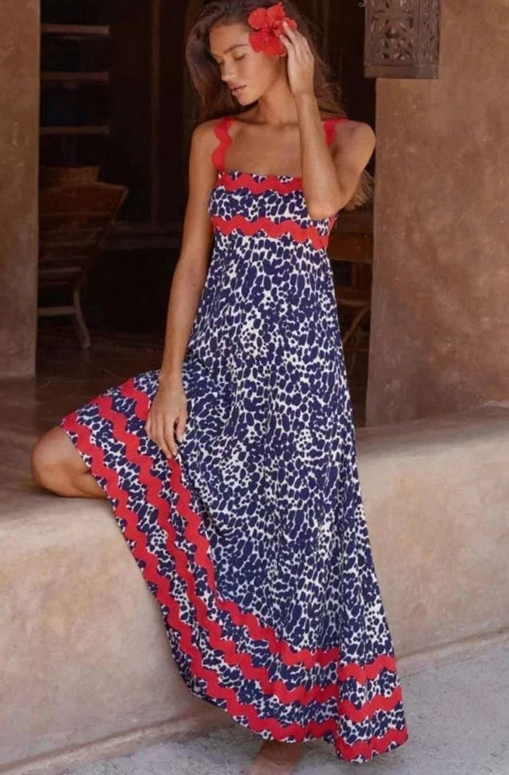 Women's Long Sleeveless Maxi Sundress Scalloped Wavy Hem - Sea