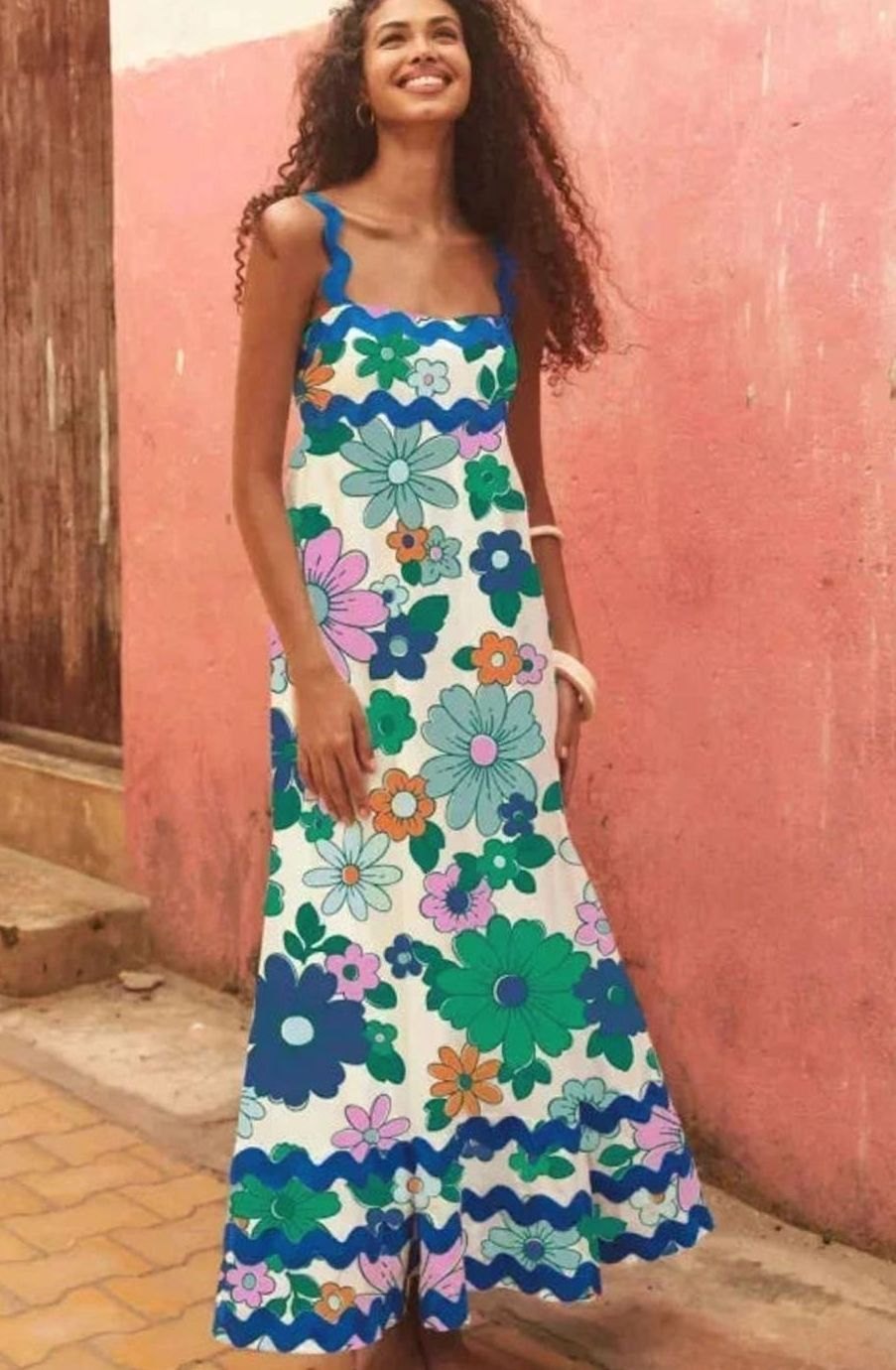 Women's Long Sleeveless Maxi Sundress Scalloped Wavy Hem - Light Green