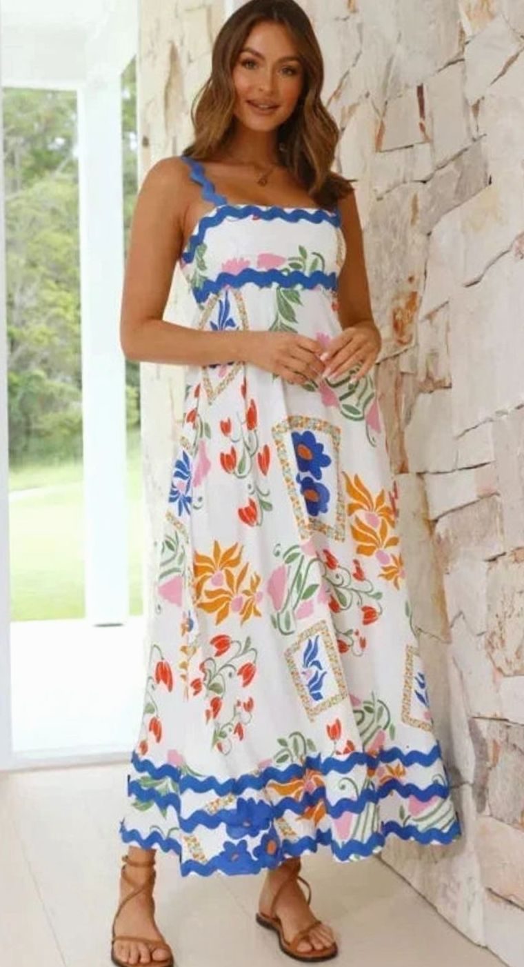 Women's Long Sleeveless Maxi Sundress Scalloped Wavy Hem - White Blue