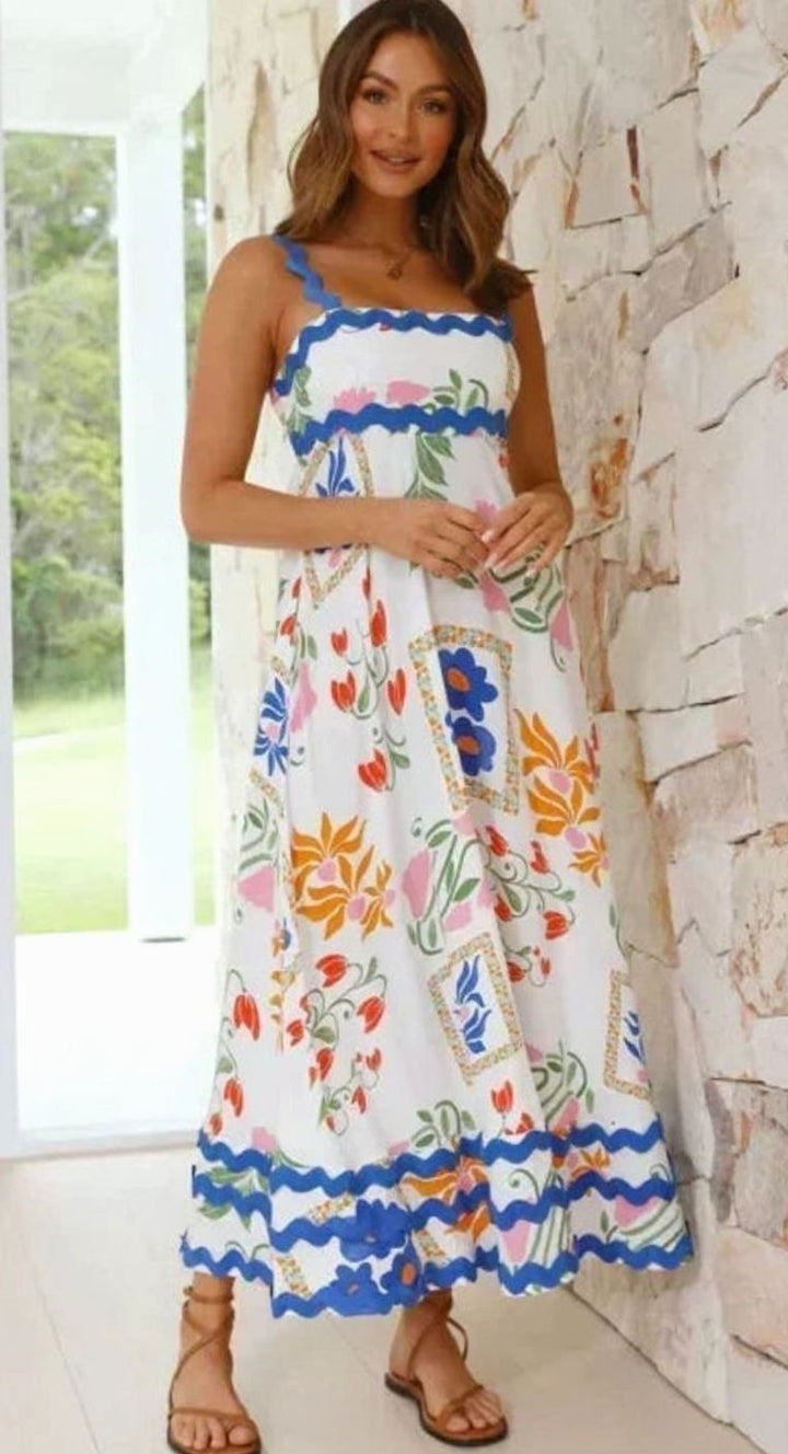 Women's Long Sleeveless Maxi Sundress Scalloped Wavy Hem - White Blue