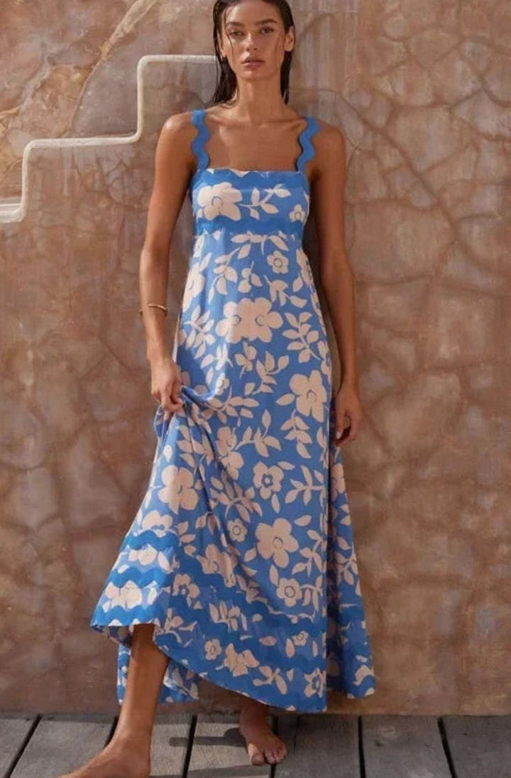 Women's Long Sleeveless Maxi Sundress Scalloped Wavy Hem - Blue