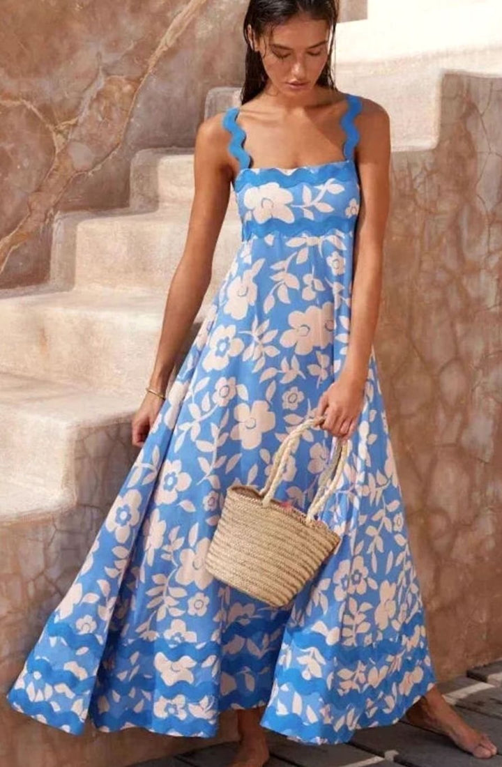 Women's Long Sleeveless Maxi Sundress Scalloped Wavy Hem