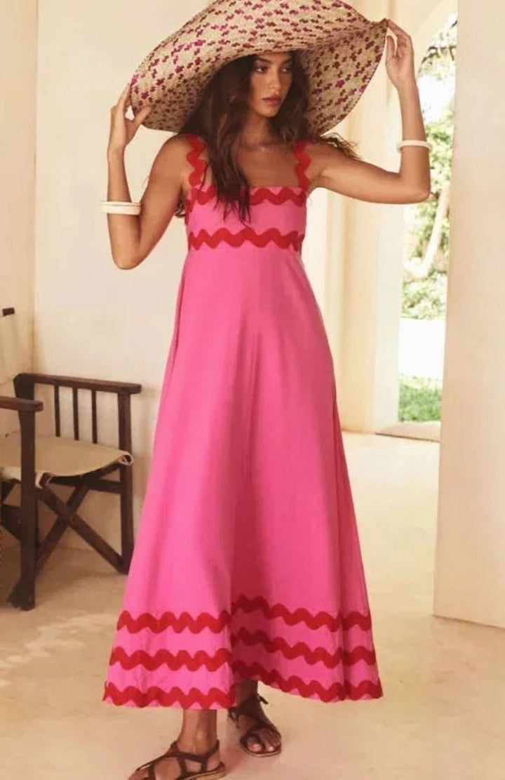 Women's Long Sleeveless Maxi Sundress Scalloped Wavy Hem - Pink