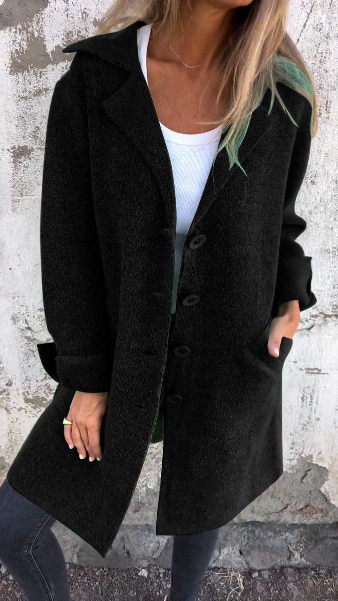 Women's Longline Button-Front Lapel Coat Relaxed Fit - Black
