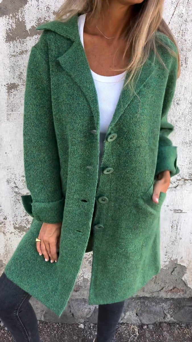 Women's Longline Button-Front Lapel Coat Relaxed Fit - Green