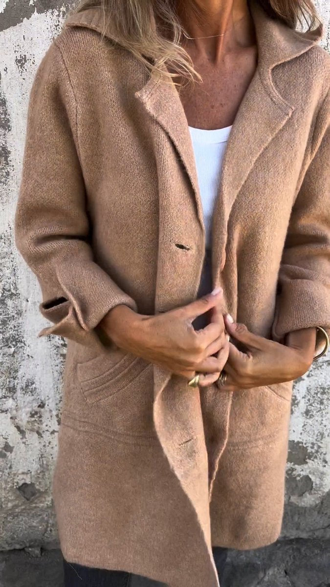 Women's Longline Button-Front Lapel Coat Relaxed Fit - Khaki