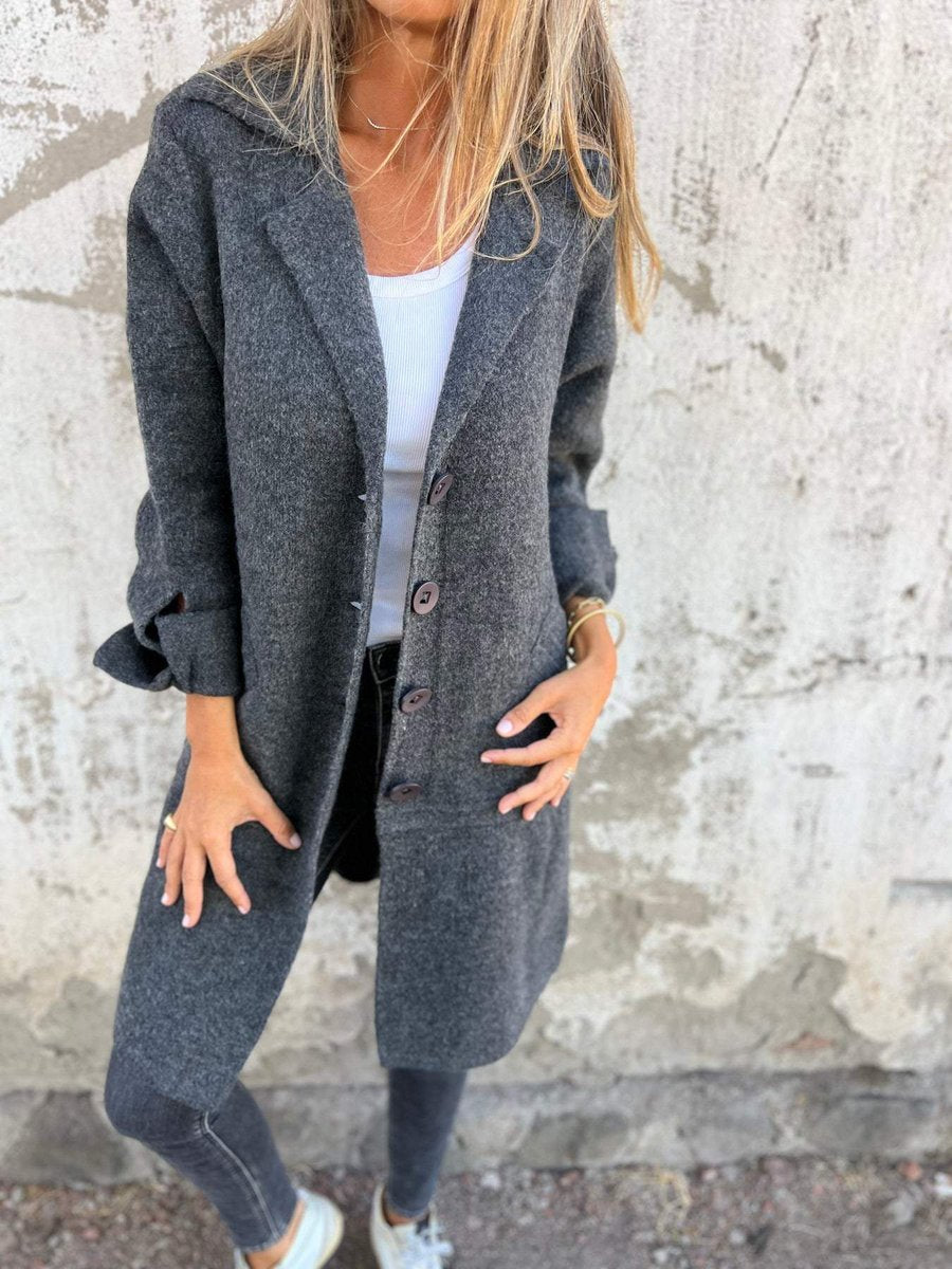 Women's Longline Button-Front Lapel Coat Relaxed Fit - Grey