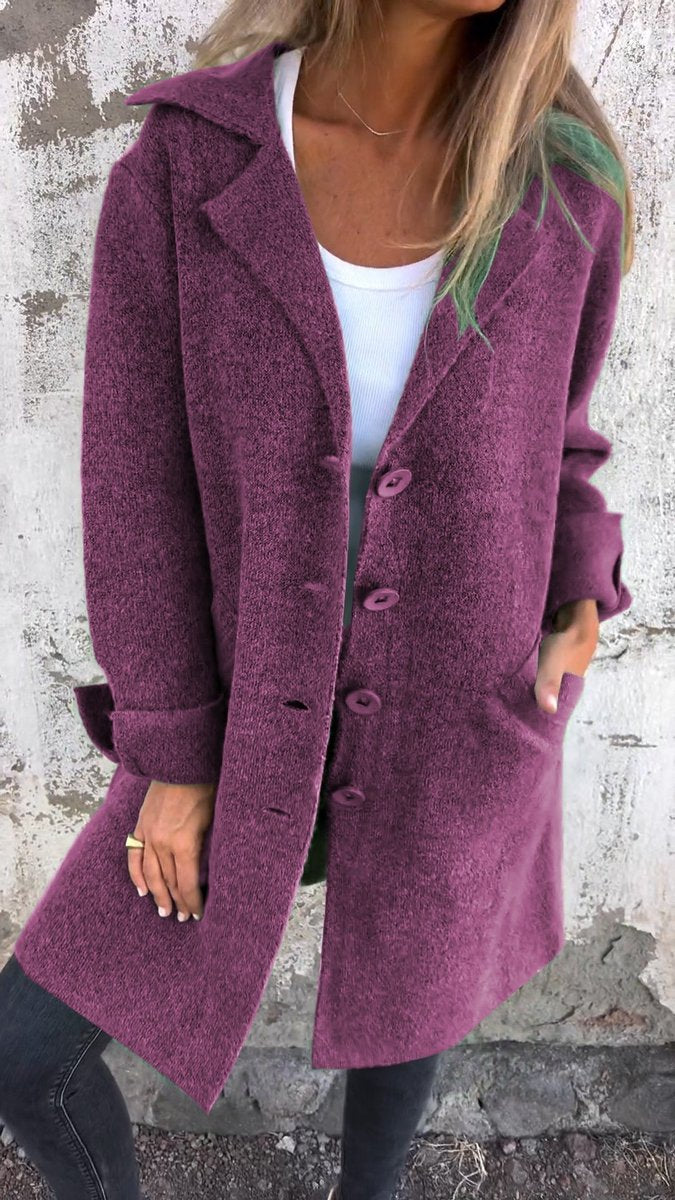 Women's Longline Button-Front Lapel Coat Relaxed Fit - Purple