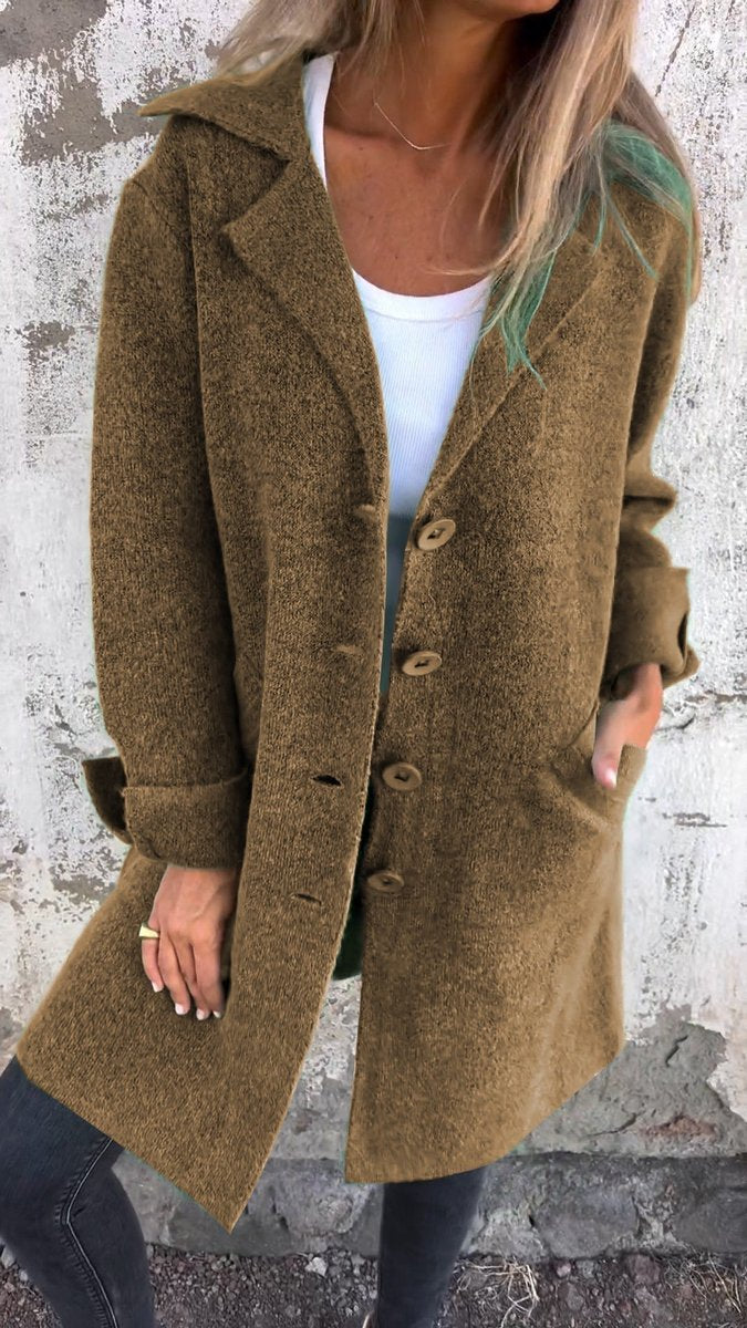 Women's Longline Button-Front Lapel Coat Relaxed Fit - Brown