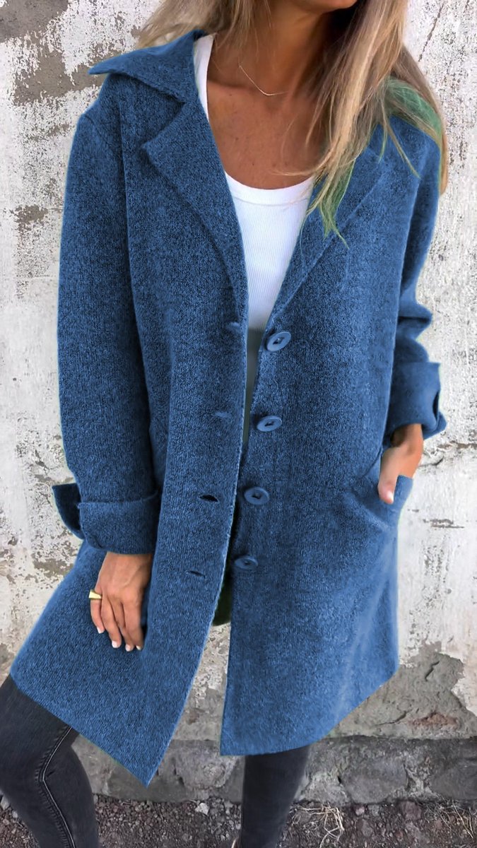 Women's Longline Button-Front Lapel Coat Relaxed Fit - Blue