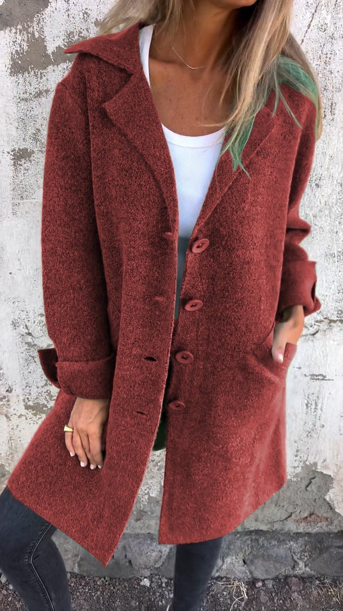 Women's Longline Button-Front Lapel Coat Relaxed Fit - Red