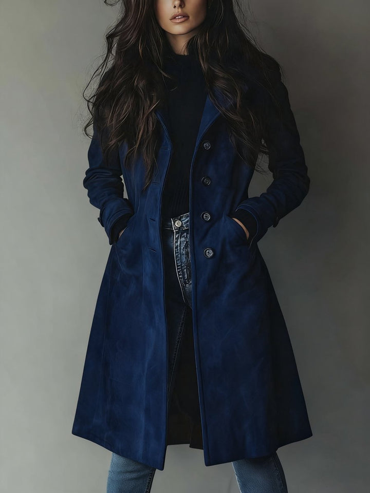Women's Longline Double-Breasted Tailored Suede Trench Coat - Dark Blue