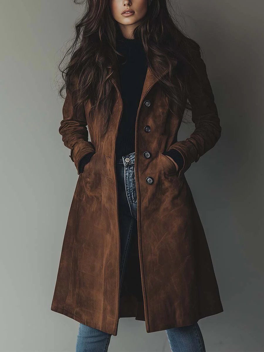 Women's Longline Double-Breasted Tailored Suede Trench Coat - Brown