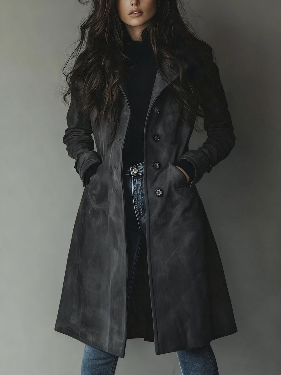 Women's Longline Double-Breasted Tailored Suede Trench Coat - Dark Grey