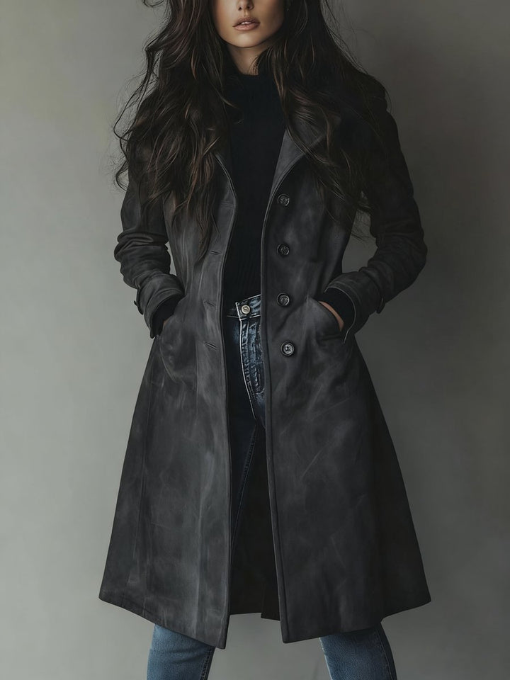 Women's Longline Double-Breasted Tailored Suede Trench Coat - Dark Grey