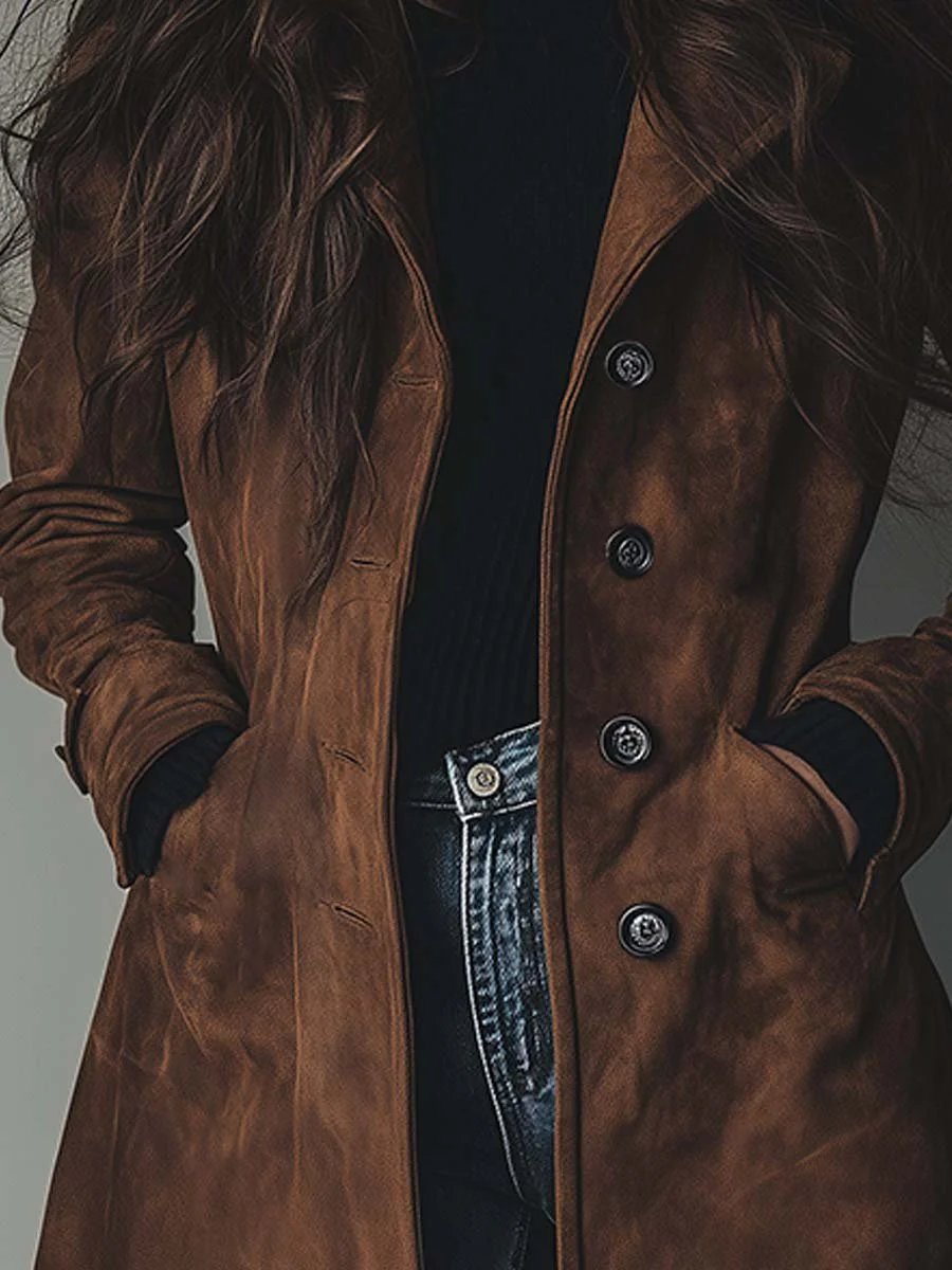 Women's Longline Double-Breasted Tailored Suede Trench Coat