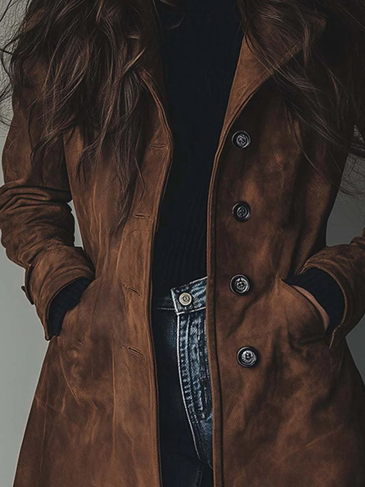 Women's Longline Double-Breasted Tailored Suede Trench Coat