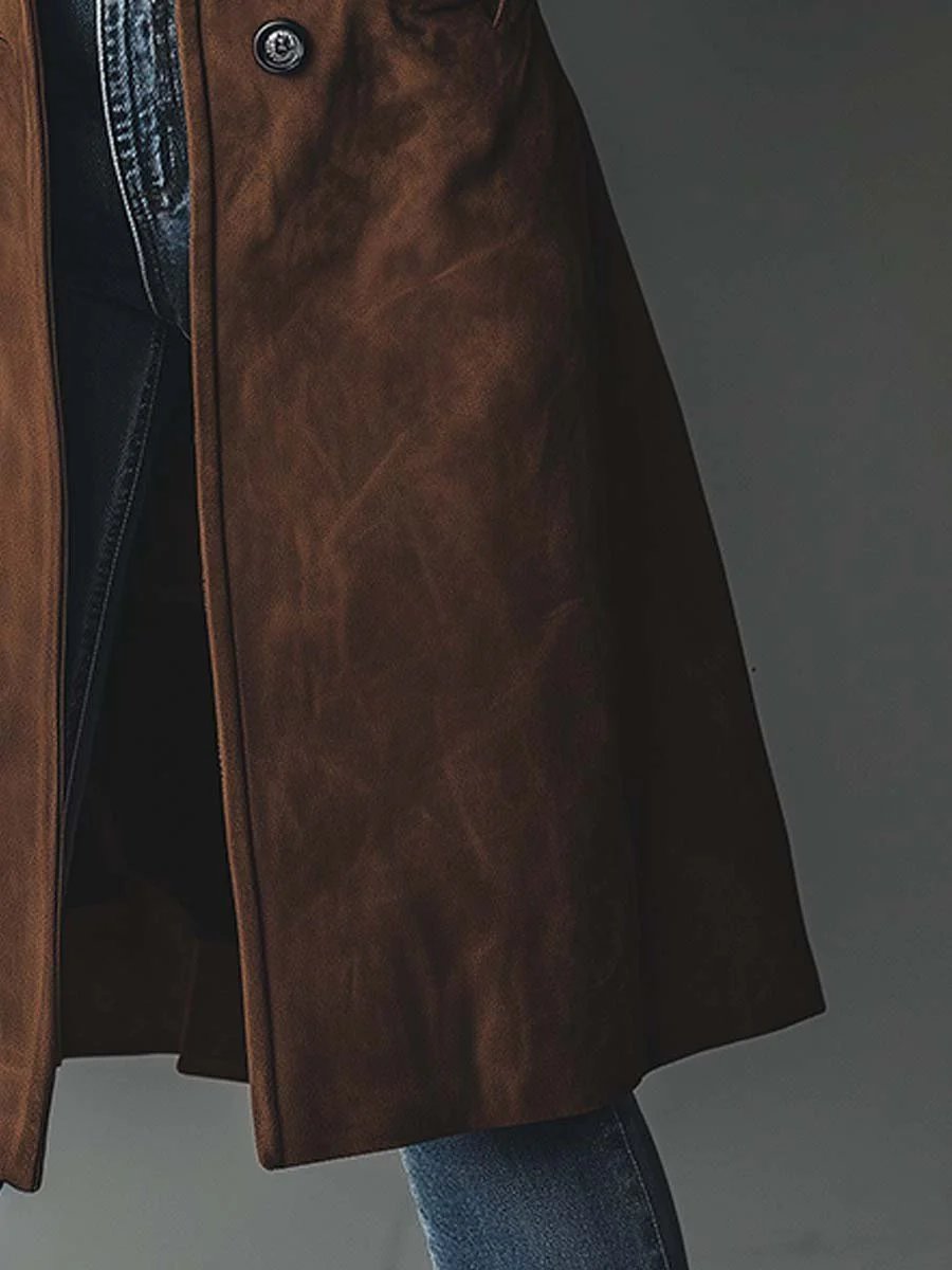 Women's Longline Double-Breasted Tailored Suede Trench Coat