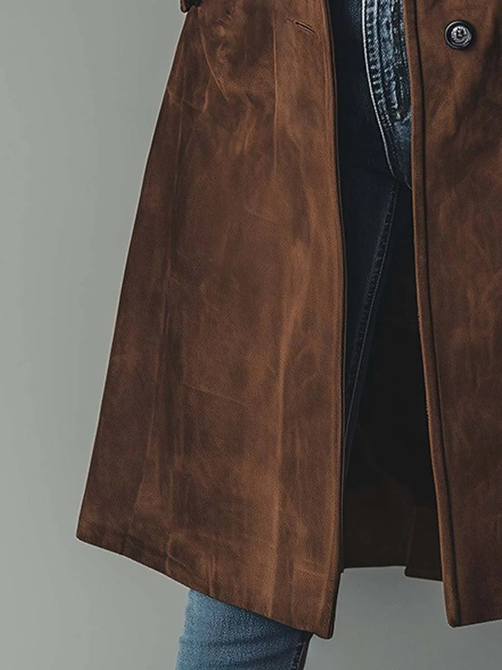 Women's Longline Double-Breasted Tailored Suede Trench Coat