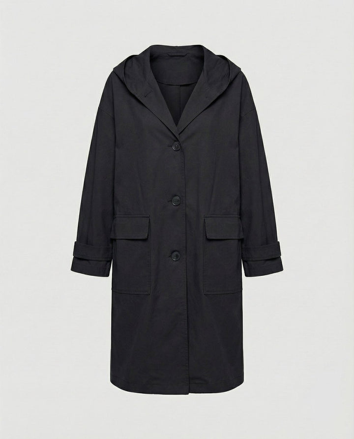 Women's Longline Hooded Waterproof Windproof Trench Coat - Black