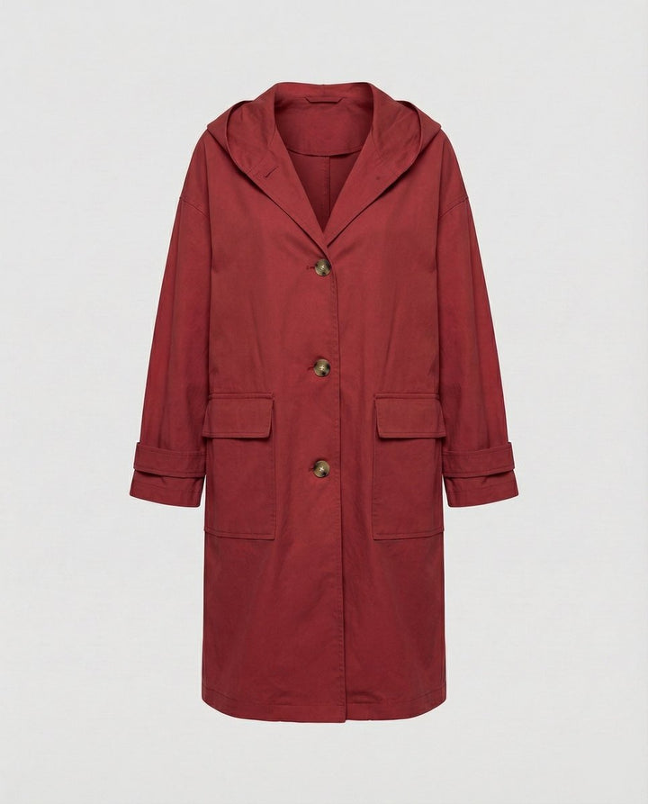Women's Longline Hooded Waterproof Windproof Trench Coat - Red