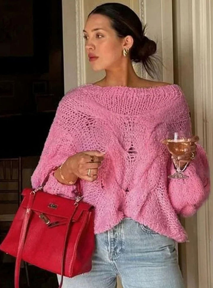 Women's Loose Knit Sweater Off-Shoulder Relaxed Pullover - Pink