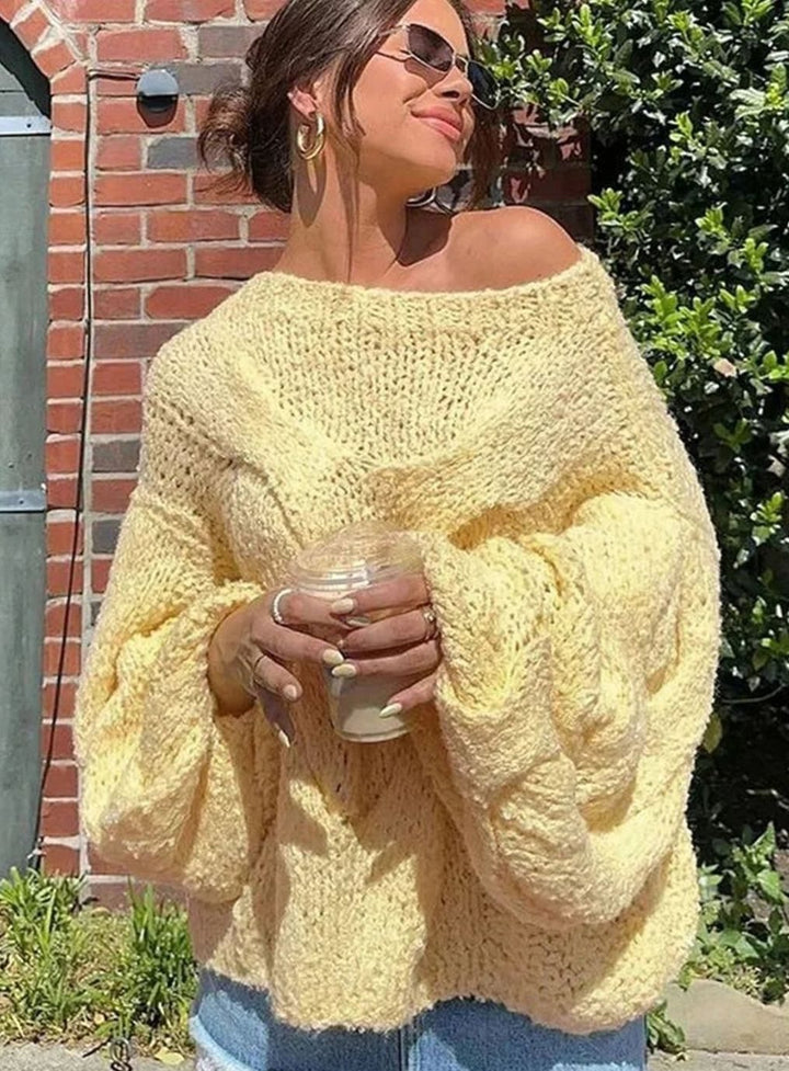 Women's Loose Knit Sweater Off-Shoulder Relaxed Pullover - Yellow
