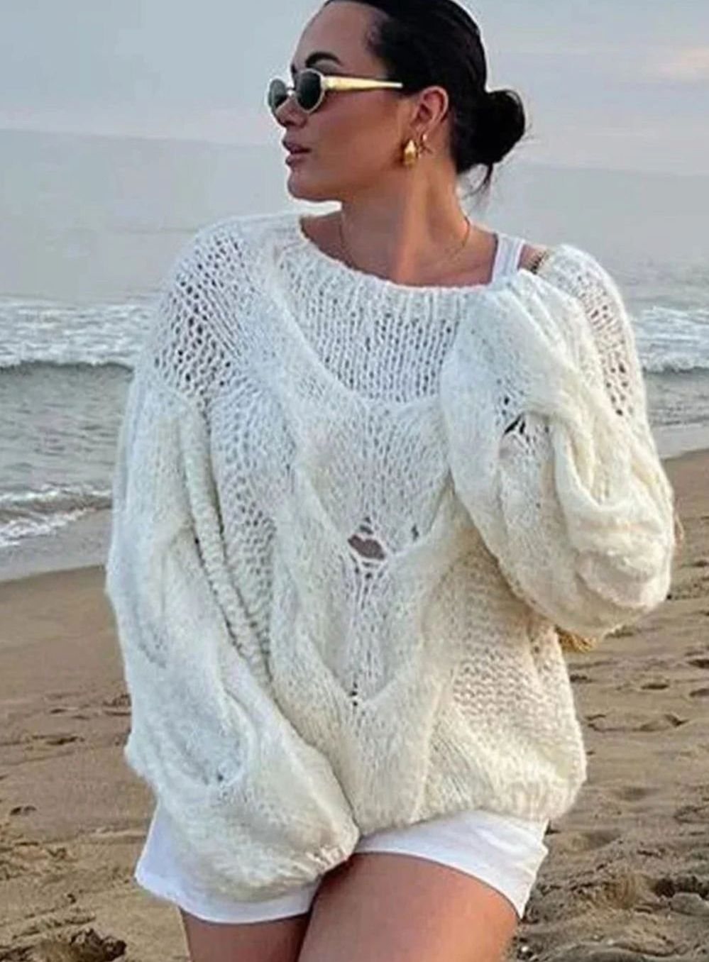 Women's Loose Knit Sweater Off-Shoulder Relaxed Pullover - White